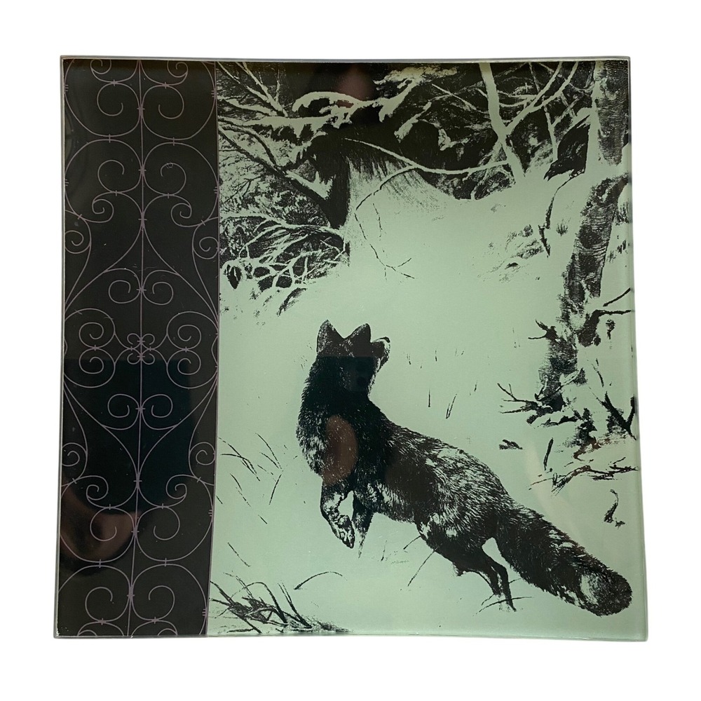 Anthropologie‎ Black Thistle Fox Plate Glass Decorative Tray Winter Whimsical